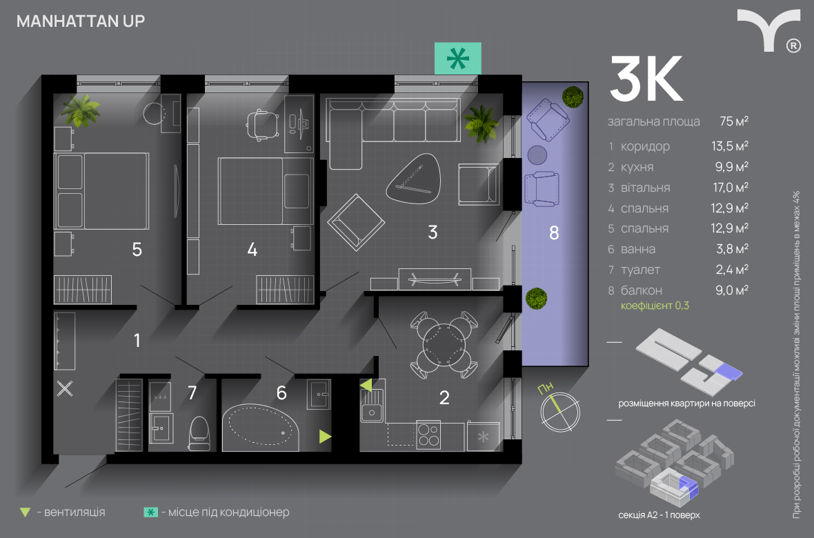 3-кімнатна 75 м² в ЖК Manhattan Up від 33 200 грн/м², Івано-Франківськ