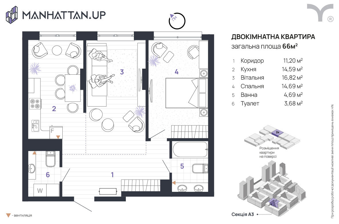 2-кімнатна 66 м² в ЖК Manhattan Up від 32 600 грн/м², Івано-Франківськ