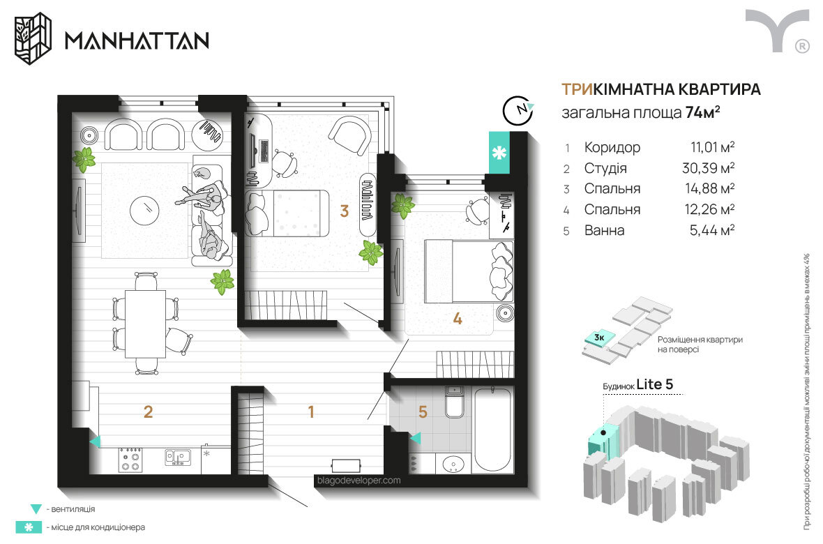 3-кімнатна 74 м² в ЖК Manhattan від 34 500 грн/м², Івано-Франківськ