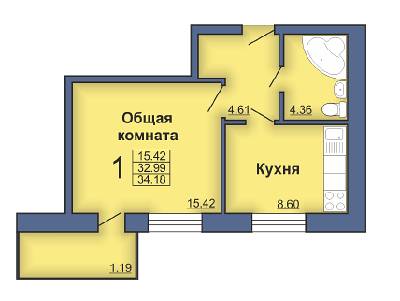 1-комнатная 34.18 м² в ЖК на ул. Героев Сталинграда, 4 от застройщика, Полтава
