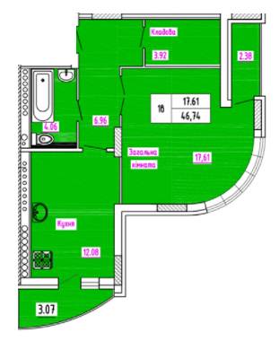 1-кімнатна 46.74 м² в ЖК на вул. Черняхівського, 45Б від забудовника, м. Кам`янець-Подільський