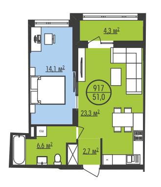 1-комнатная 51 м² в ЖК Парус Park от застройщика, Львов