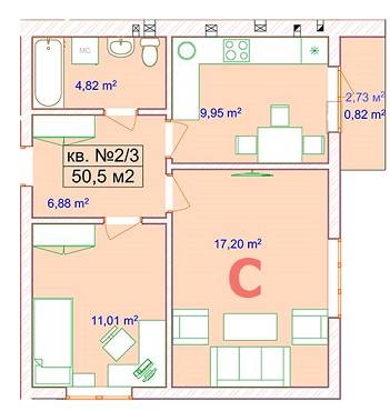 2-комнатная 50.5 м² в ЖК Цветочный от застройщика, пгт Ворзель