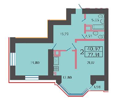 2-кімнатна 77.91 м² в ЖК Дніпровські мрії від забудовника, Черкаси