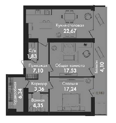 2-комнатная 84.52 м² в ЖК Кокос Авеню от застройщика, г. Южное