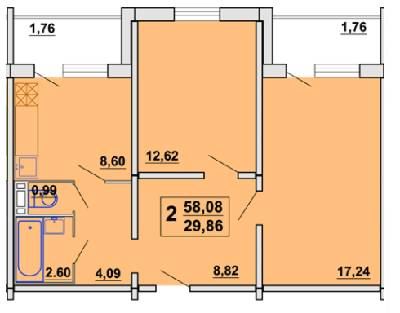 2-комнатная 58.08 м² в ЖК на ул. Гвардейская, 17 от застройщика, с. Шевченково