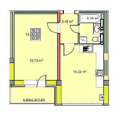 1-комнатная 43.97 м² в ЖК на ул. Текстильников, 26, 26/2 от застройщика, Чернигов