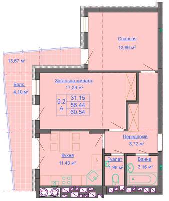 2-комнатная 60.54 м² в ЖК Паркові Вежі от застройщика, Львов