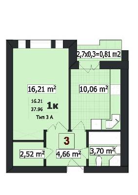 1-комнатная 37.96 м² в ЖК Парковый от застройщика, г. Буча