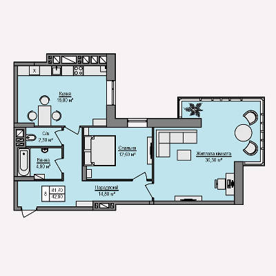 2-комнатная 81.7 м² в ЖК Щаслива оселя от застройщика, Черновцы