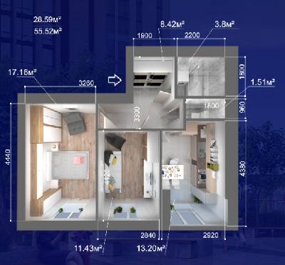 2-кімнатна 55.52 м² в ЖК Атмосфера від 14 300 грн/м², м. Вишневе