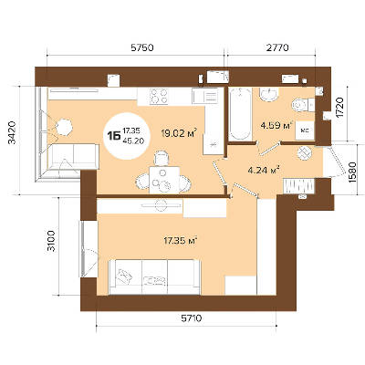 1-кімнатна 45.2 м² в ЖК Фаворит Premium від 26 050 грн/м², м. Ірпінь