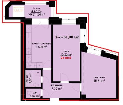 2-комнатная 61.88 м² в ЖК Набережный от 25 000 грн/м², г. Белая Церковь