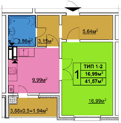 1-кімнатна 41.57 м² в ЖК Квартал Тарасівський від 11 960 грн/м², с. Тарасівка