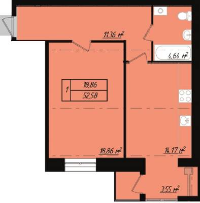 1-комнатная 52.58 м² в ЖК Триумф Софиевский от застройщика, с. Счастливое