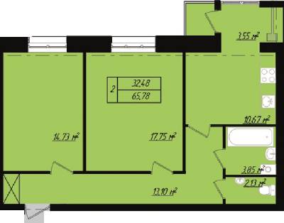 2-комнатная 65.78 м² в ЖК Триумф Софиевский от застройщика, с. Счастливое