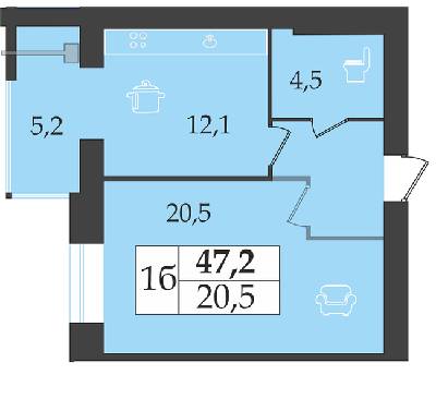 1-комнатная 47.2 м² в ЖК Счастливый от 15 000 грн/м², Днепр