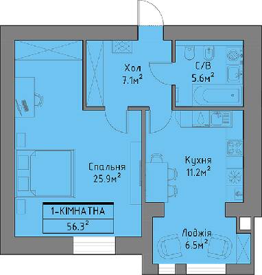 1-комнатная 56.3 м² в ЖД Липинський+ от застройщика, с. Липины