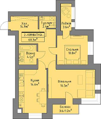 2-комнатная 68.3 м² в ЖД Липинський+ от 16 000 грн/м², с. Липины