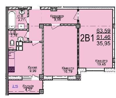 2-комнатная 63.59 м² в ЖК Пушкина от 16 500 грн/м², Черкассы