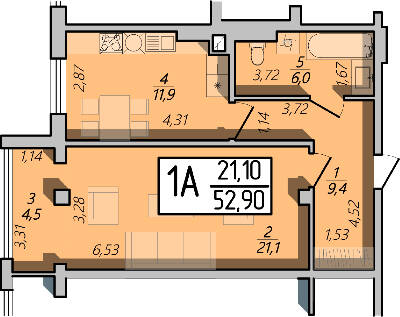 1-комнатная 52.9 м² в ЖК Арена от застройщика, Ровно