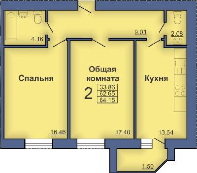 2-комнатная 64.15 м² в ЖК на ул. Мира, 18В от застройщика, Полтава