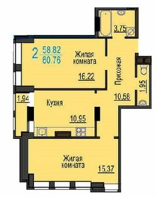 2-комнатная 60.76 м² в ЖК Меридиан от застройщика, Харьков