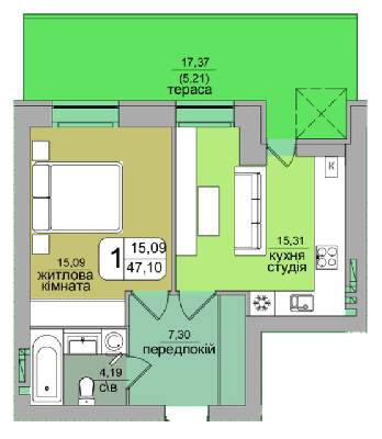 1-кімнатна 47.1 м² в ЖК Green's від забудовника, Вінниця