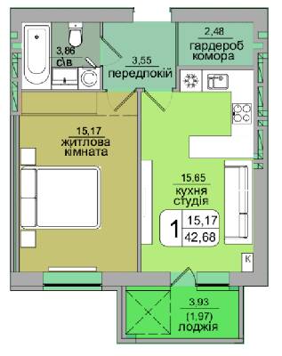 1-комнатная 42.68 м² в ЖК Green's от застройщика, Винница