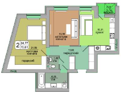 2-комнатная 70.61 м² в ЖК Green's от застройщика, Винница