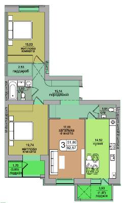 3-кімнатна 92.57 м² в ЖК Green's від забудовника, Вінниця