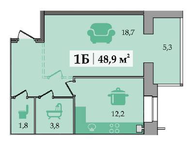 1-кімнатна 48.9 м² в ЖК Щасливий від забудовника, Дніпро