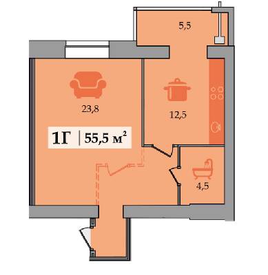 1-комнатная 55.5 м² в ЖК Счастливый от застройщика, Днепр