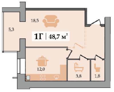 1-кімнатна 48.7 м² в ЖК Щасливий від забудовника, Дніпро