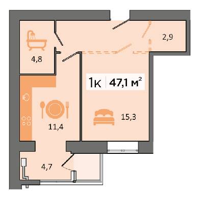 1-комнатная 47.1 м² в ЖК Dubinina от 19 500 грн/м², Днепр