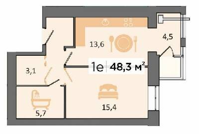 1-комнатная 48.3 м² в ЖК Dubinina от 26 350 грн/м², Днепр