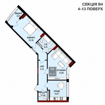 2-комнатная 66.35 м² в ЖК Президент Холл от застройщика, Житомир