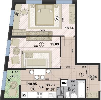 2-комнатная 61.07 м² в ЖК Paradise Avenue от застройщика, с. Крюковщина