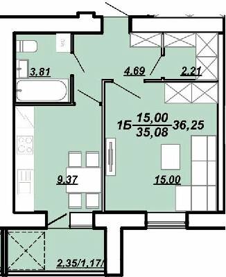 1-кімнатна 36.25 м² в ЖК Рідний Дім від 11 800 грн/м², Тернопіль