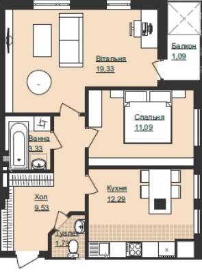 2-комнатная 58.39 м² в ЖК Щастя от застройщика, Тернополь