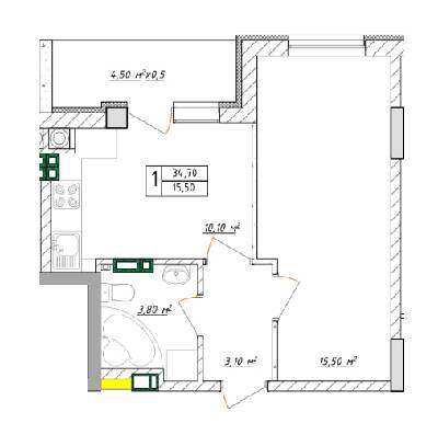 1-кімнатна 34.7 м² в ЖК Будинок на Малонова від 32 400 грн/м², Одеса