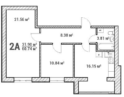 2-кімнатна 60.74 м² в ЖК Молодіжне містечко від 14 500 грн/м², с. Крюківщина