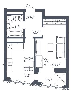 1-комнатная 40.4 м² в ЖК Там Там от застройщика, Львов