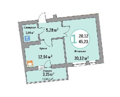 1-кімнатна 45.23 м² в ЖК Еко-дім на Батуринській від забудовника, Львів