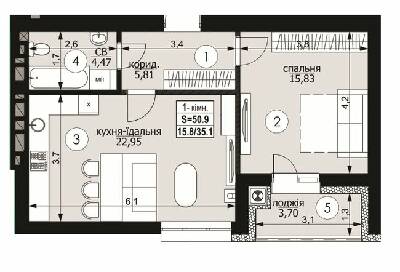 1-комнатная 50.9 м² в ЖК на ул. Пасечная, 133А от 20 250 грн/м², Львов