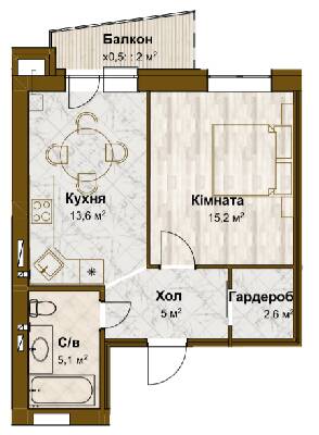 1-кімнатна 43.5 м² в ЖК Традиція від 15 100 грн/м², с. Зміїнець