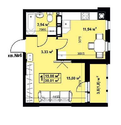 1-комнатная 36.01 м² в ЖК Андреевский от 14 800 грн/м², г. Прилуки