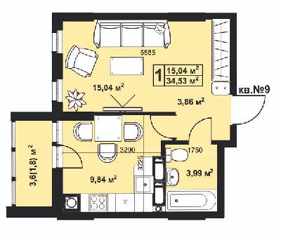 1-комнатная 34.53 м² в ЖК Андреевский от 14 800 грн/м², г. Прилуки