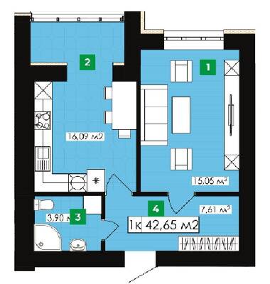 1-комнатная 42.65 м² в ЖК Парковый от 13 300 грн/м², Ивано-Франковск