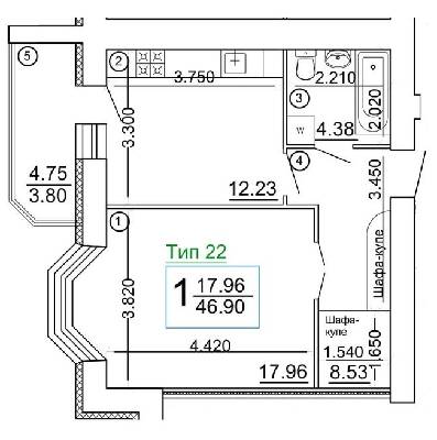 1-комнатная 46.9 м² в Мкрн Академический от 18 800 грн/м², Винница